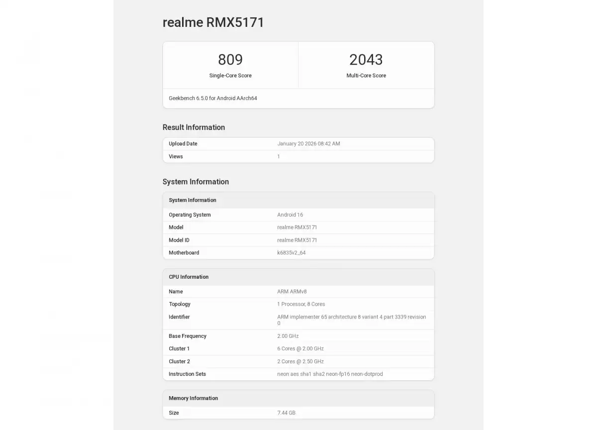 realme 16标准版曝光：天玑6400+7000mAh续航
