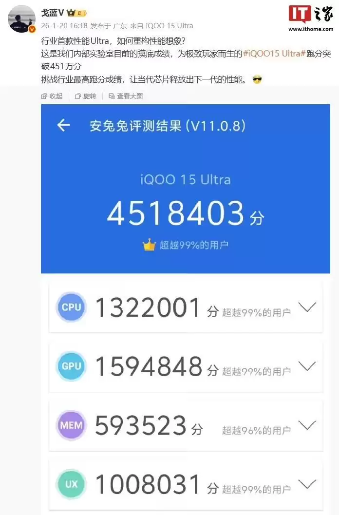 iQOO 15 Ultra手机双配色首发光相：2077流光橙/2049寒光蓝，2月初见