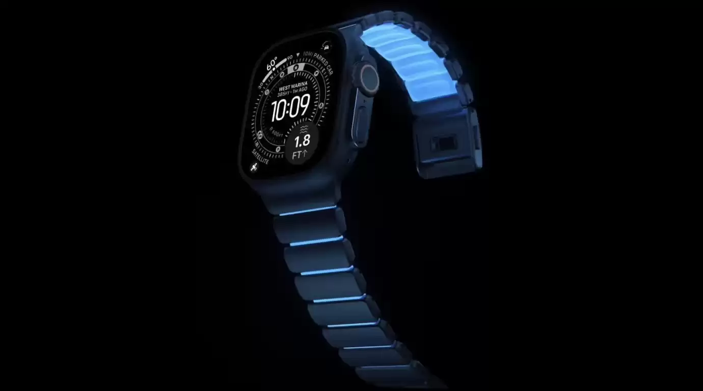 制造Nomad为苹果Apple Watch推出“冰蓝色夜光钛金属表带”：自带荧光效果，189美元