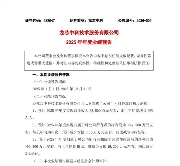 龙芯中科2025年营收6.35亿元，亏损收窄24%—28%，经营持续向好