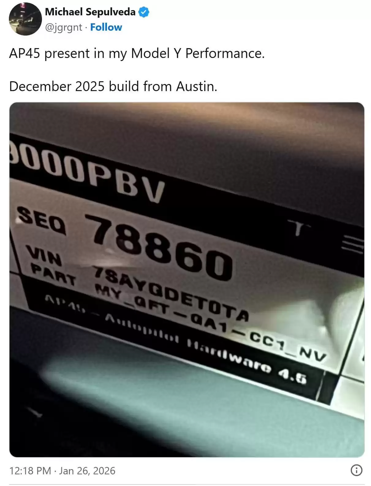 曝特斯拉2026版Model Y搭载HW 4.5辅助驾驶硬件