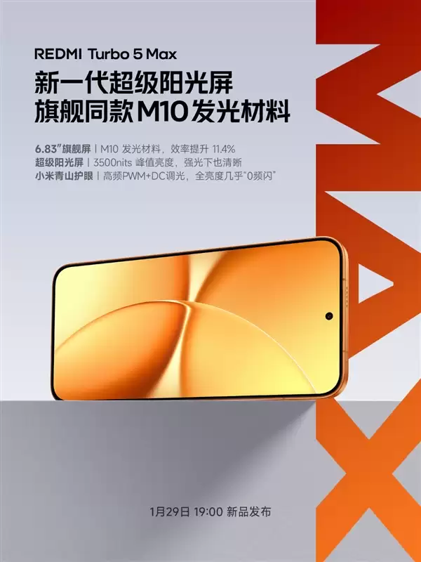 REDMI Turbo 5 Max搭载新一代超级阳光屏：6.83英寸、3500nits亮度