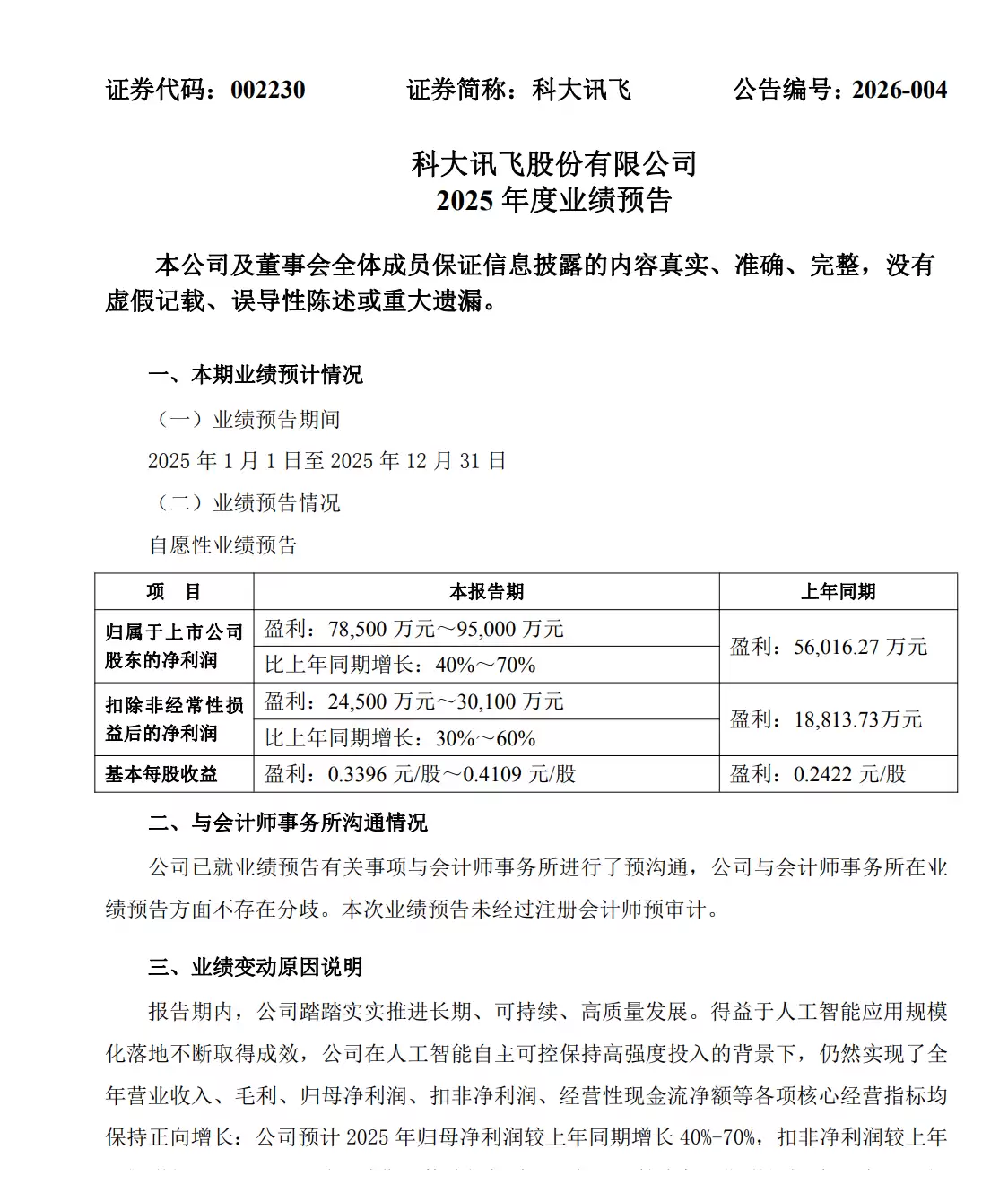 科大讯飞:2025年净利同比预增40%-70% 人工智能应用规模化落地取得成效