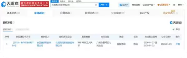 腾讯旗下公司所持499万股权被冻结：期限为2年