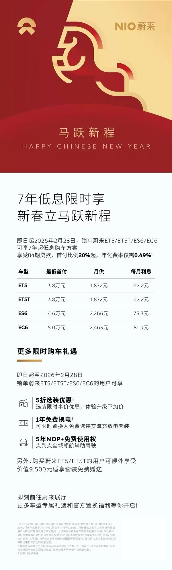 蔚来2月限时购车优惠上线:7年贷款年化利率0.49%行业最低 再送免费换电