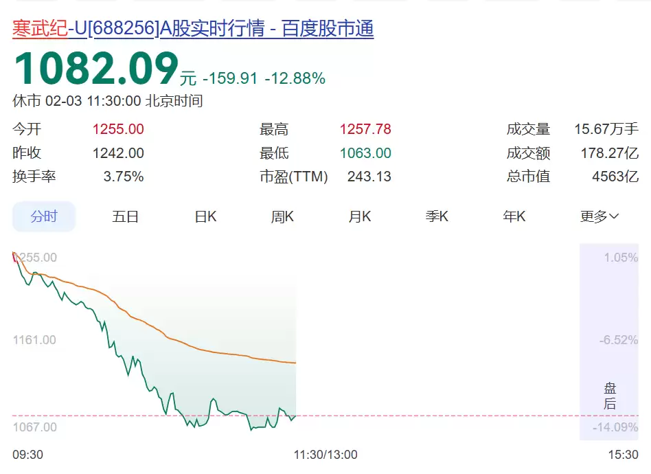 寒武纪盘中大幅跳水跌幅超12% 公司回应:不清楚具体原因