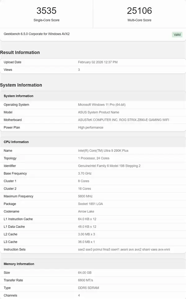 Intel旗舰酷睿Ultra 9 290K Plus最新跑分:单核提升10%、多核提升11%