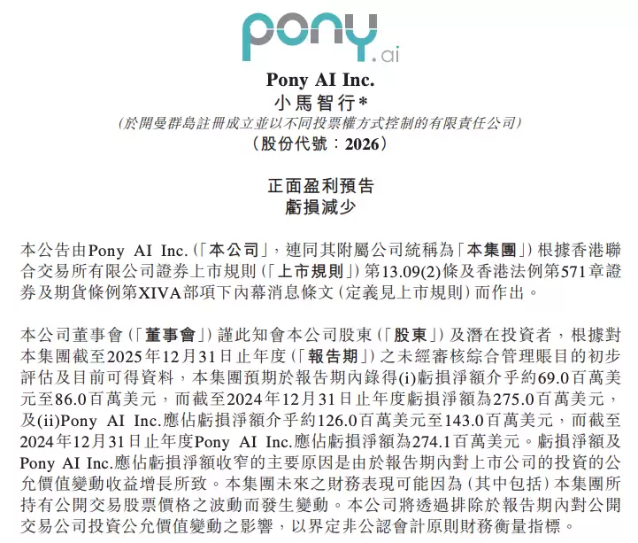 小马智行2025年净亏损预计收窄近七成，公允价值收益成主因