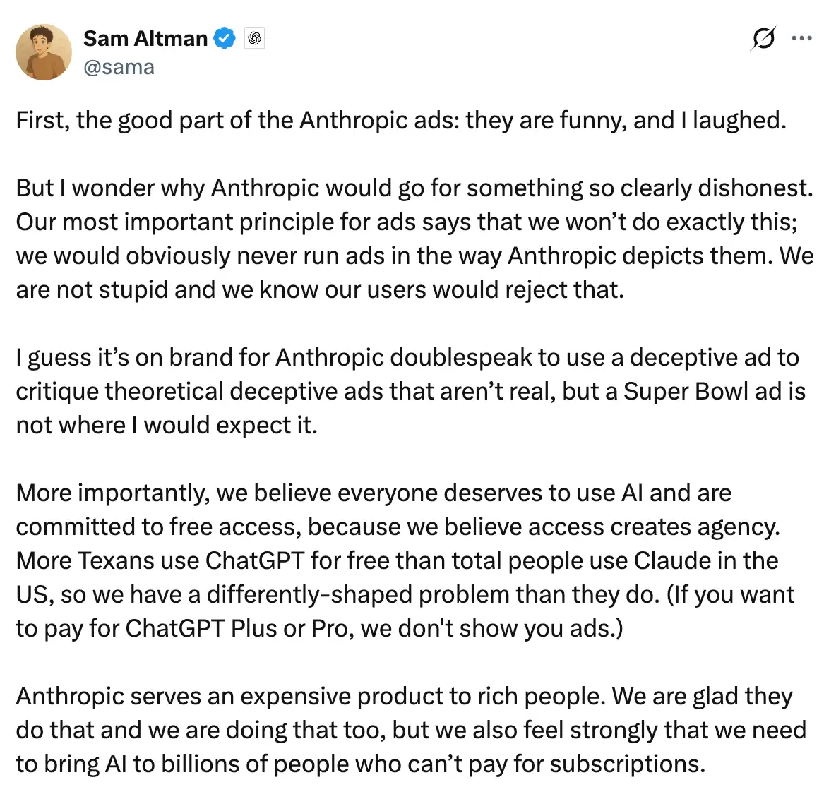 被AI对手暗讽给ChatGPT加广告 奥特曼回应:咱不是一个量级