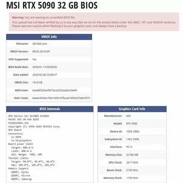 微星RTX 5090 1000W BIOS外泄,多品牌显卡可刷但风险极高