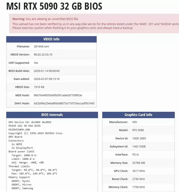 唯一1000W显卡BIOS!微星RTX 5090闪电BIOS流出:非微星卡也能用
