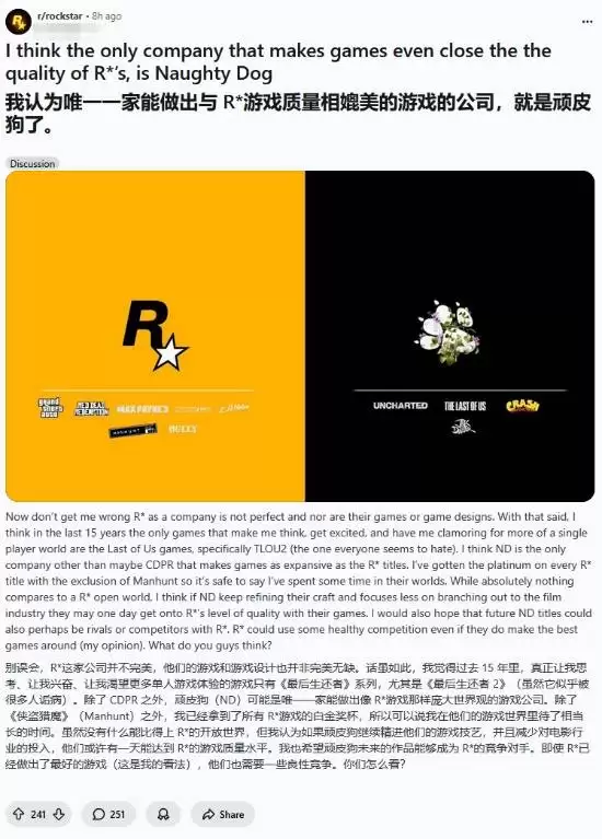 顽皮狗能否比肩Rockstar？玩家热议单机叙事双雄与游戏工业多元标杆