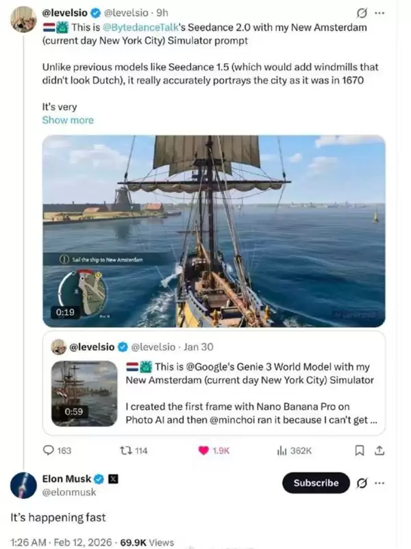 网友用Seedance2.0复刻1670年纽约市 马斯克发文感慨:它发展很快