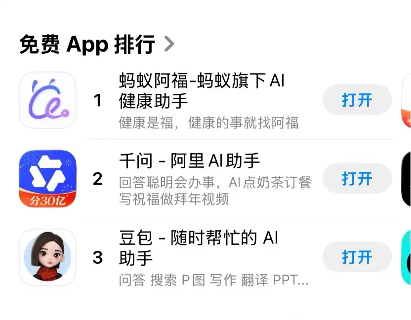 蚂蚁阿福登顶苹果中国免费榜，健康AI迎春节代际下载潮