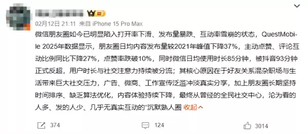 主动点赞率跌破10%!微信朋友圈打开率下滑引网友热议
