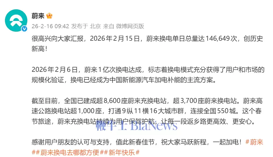 蔚来:2月15日换电单日总量达146649次,创历史新高