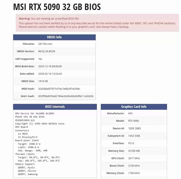 显卡功耗破天际!微星RTX 5090 Lightning Z显卡2500W BIOS流出