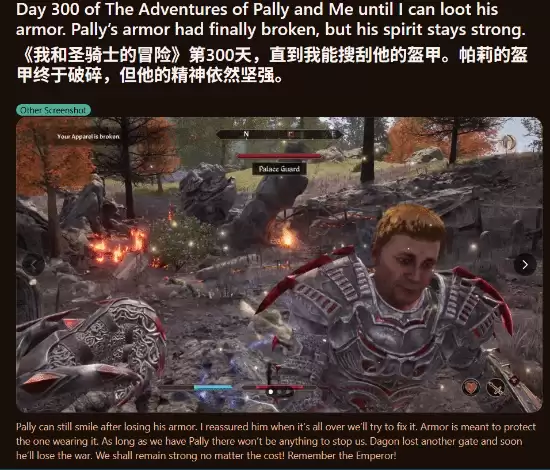 玩家三百天追踪上古卷轴4守卫帕利，终见其摘盔真容