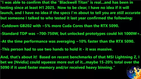 NVIDIA新卡皇RTX 5090 Ti再曝光:功耗直飚超700W!性能提升10%