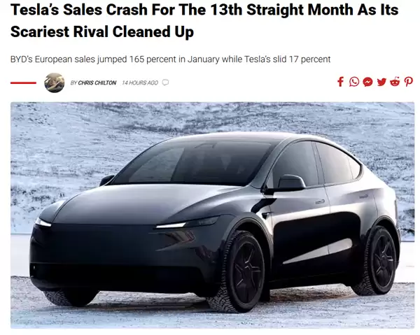 特斯拉在欧洲低迷不香了 1月销量不到比亚迪的一半