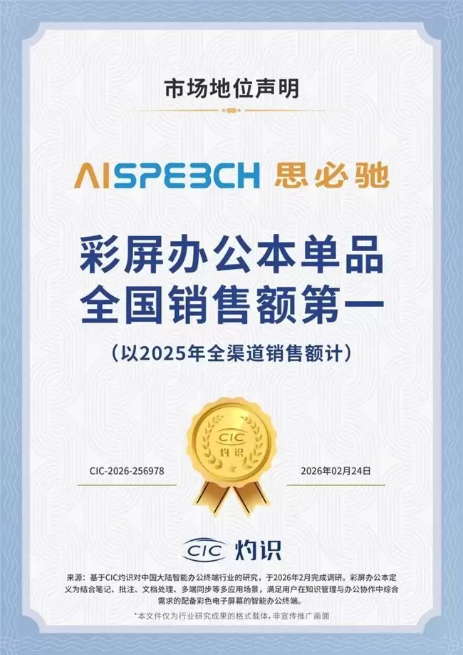 思必驰AI办公本获第三方权威认证，彩屏办公本单品销量登顶全国榜首