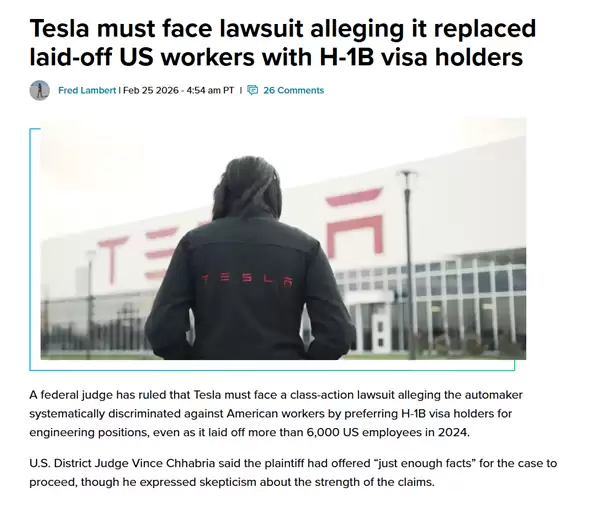 特斯拉将遭集体诉讼:被指控歧视美国工人 青睐外国人