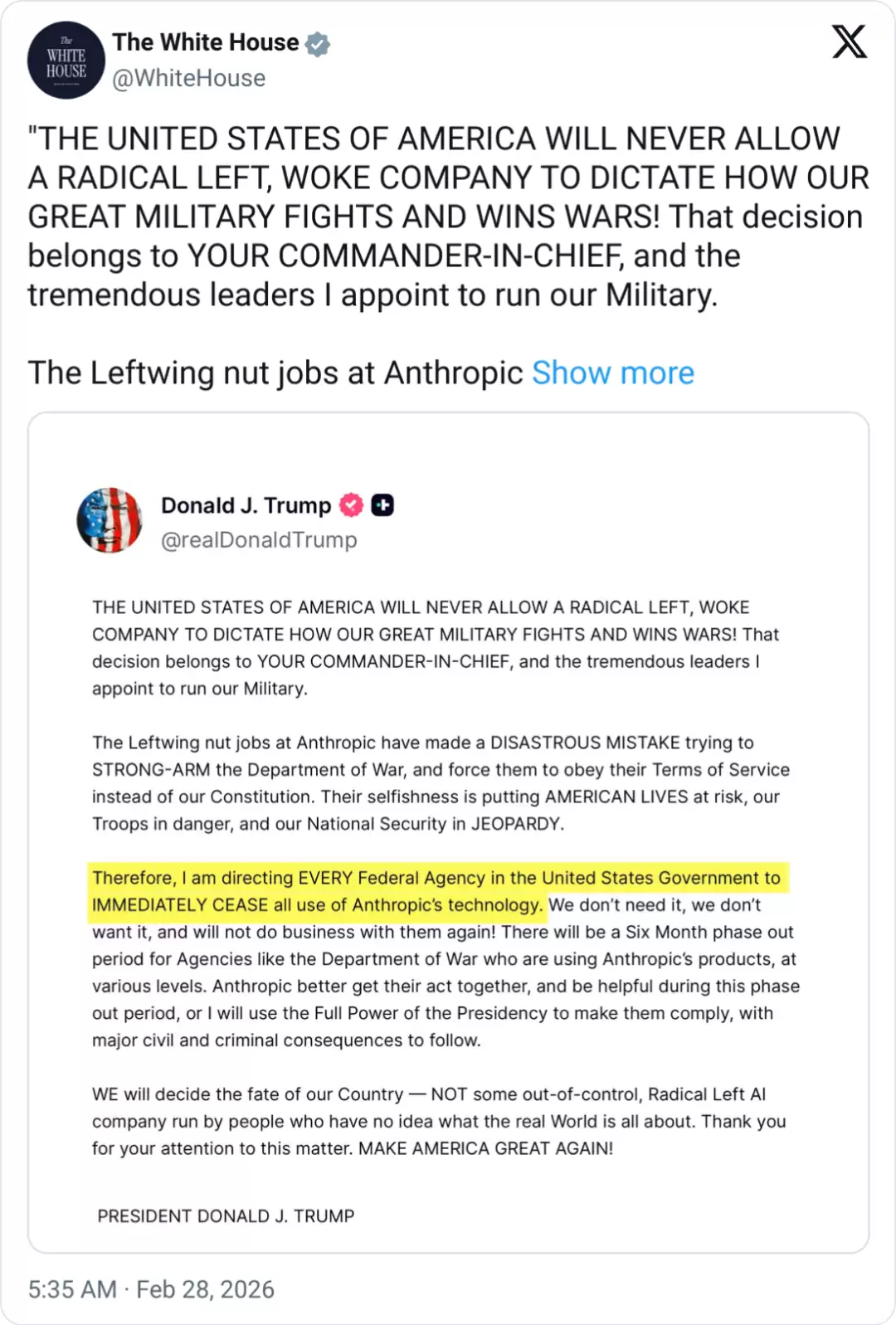 白宫宣布：封杀 Claude