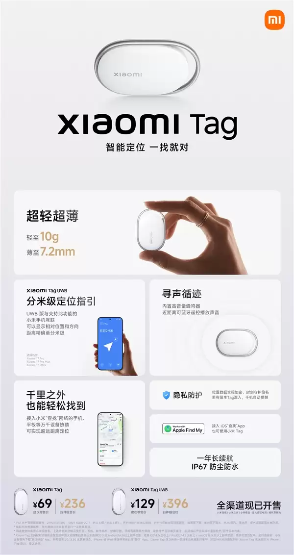 小米推出Xiaomi Tag国行版:BLE蓝牙版69元、UWB版129元