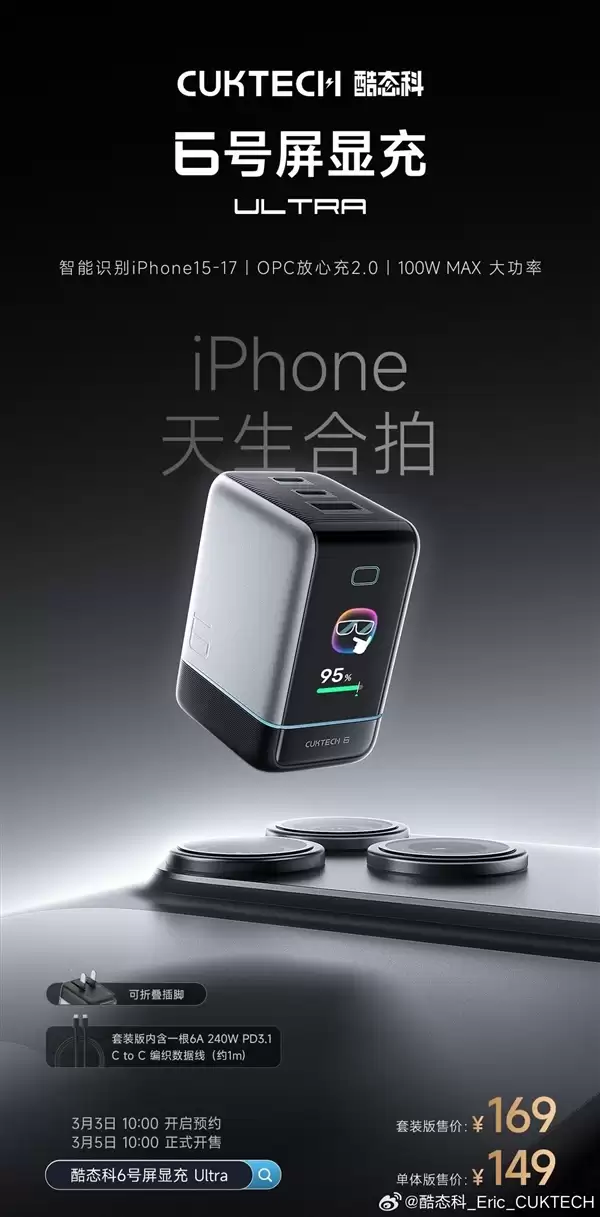 149元起!酷态6号显示屏充Ultra发布:三口最高100W、充电数据可视