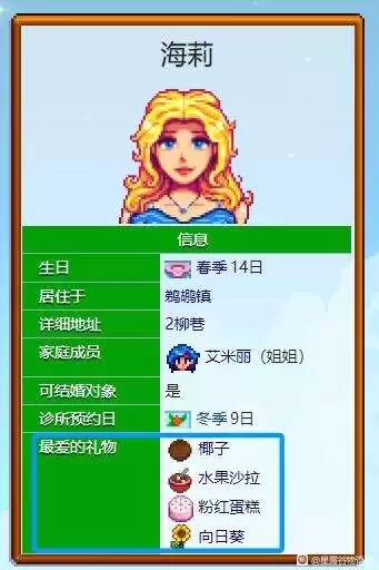 星露谷物语海莉喜欢什么礼物