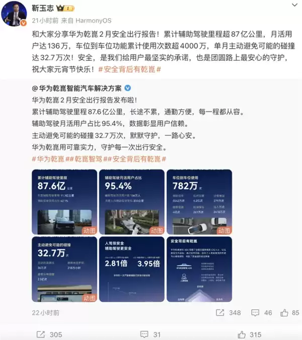 华为乾崑智驾2月数据曝光:累计辅助驾驶超87亿 行业断层领先