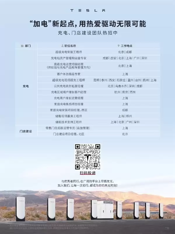 陶琳:特斯拉中国超充站突破2500座!多岗位正在热招中