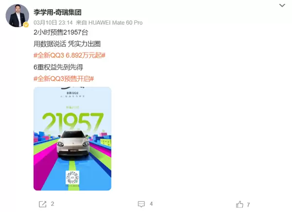 一代国民神车回归!全新奇瑞QQ3预售2小时 订单破两万