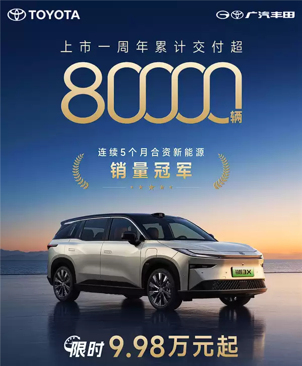 广汽丰田铂智3X上市一周年：交付破8万辆，合资新能源销量冠军