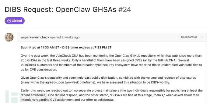 CVE项目研究工作组的VulnCheck DIBS请求讨论(来源:Socket.dev) \