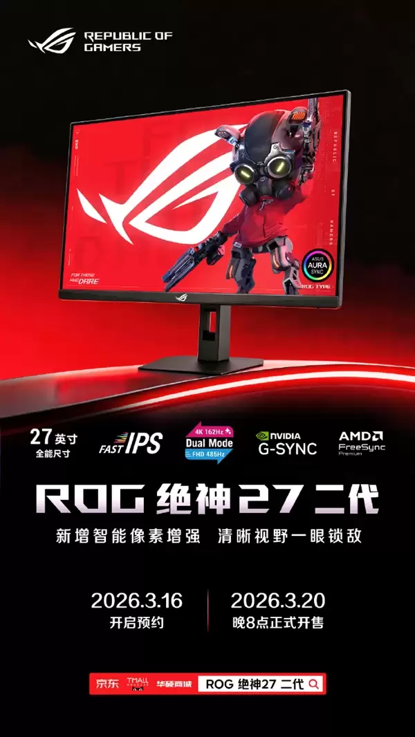 2499元!ROG绝神27二代显示器发布:4K/162Hz、1K/485Hz双模自由切换