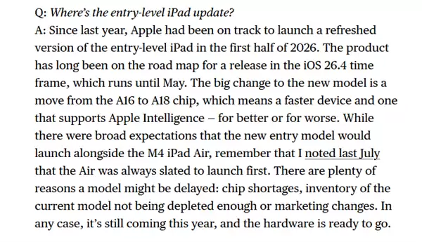 苹果最便宜平板要来了!iPad 12上半年发布:升级A18芯片 支持AI