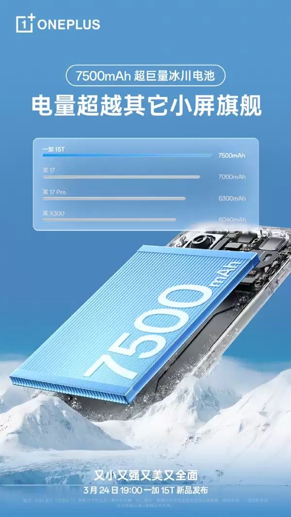 一加15T全球首发7500mAh超巨量冰川电池 李杰：断层碾压其他所有小屏
