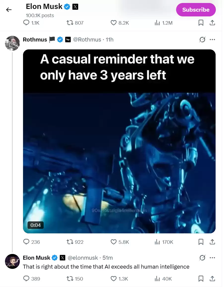 马斯克:人工智能将在3年后超过所有人类智能