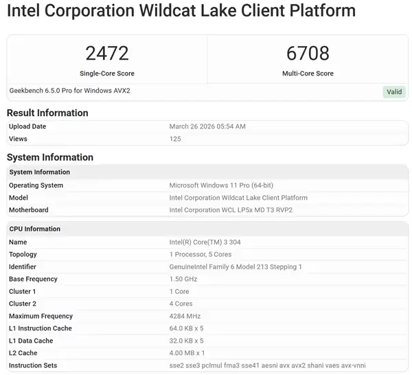 奇特5核心!Intel Wildcat Lake入门酷睿3 304首次跑分