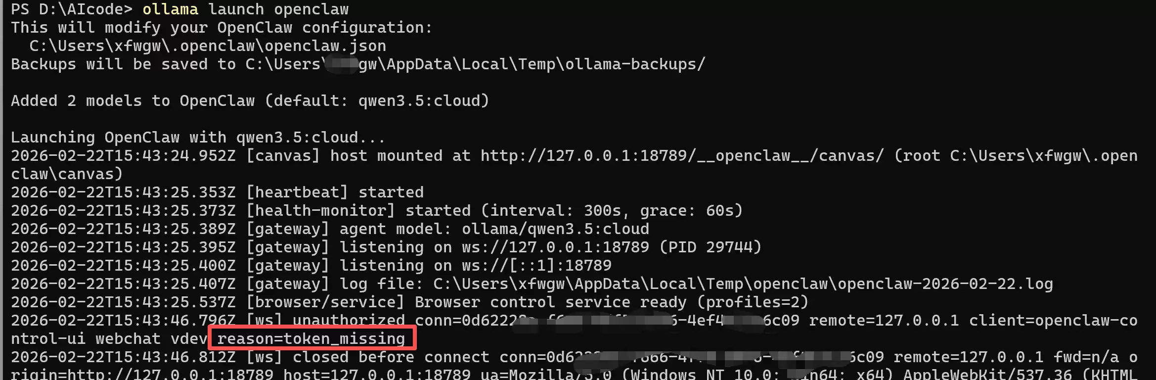 运行ollama launch openclaw命令后，提示token_missing的错误截图