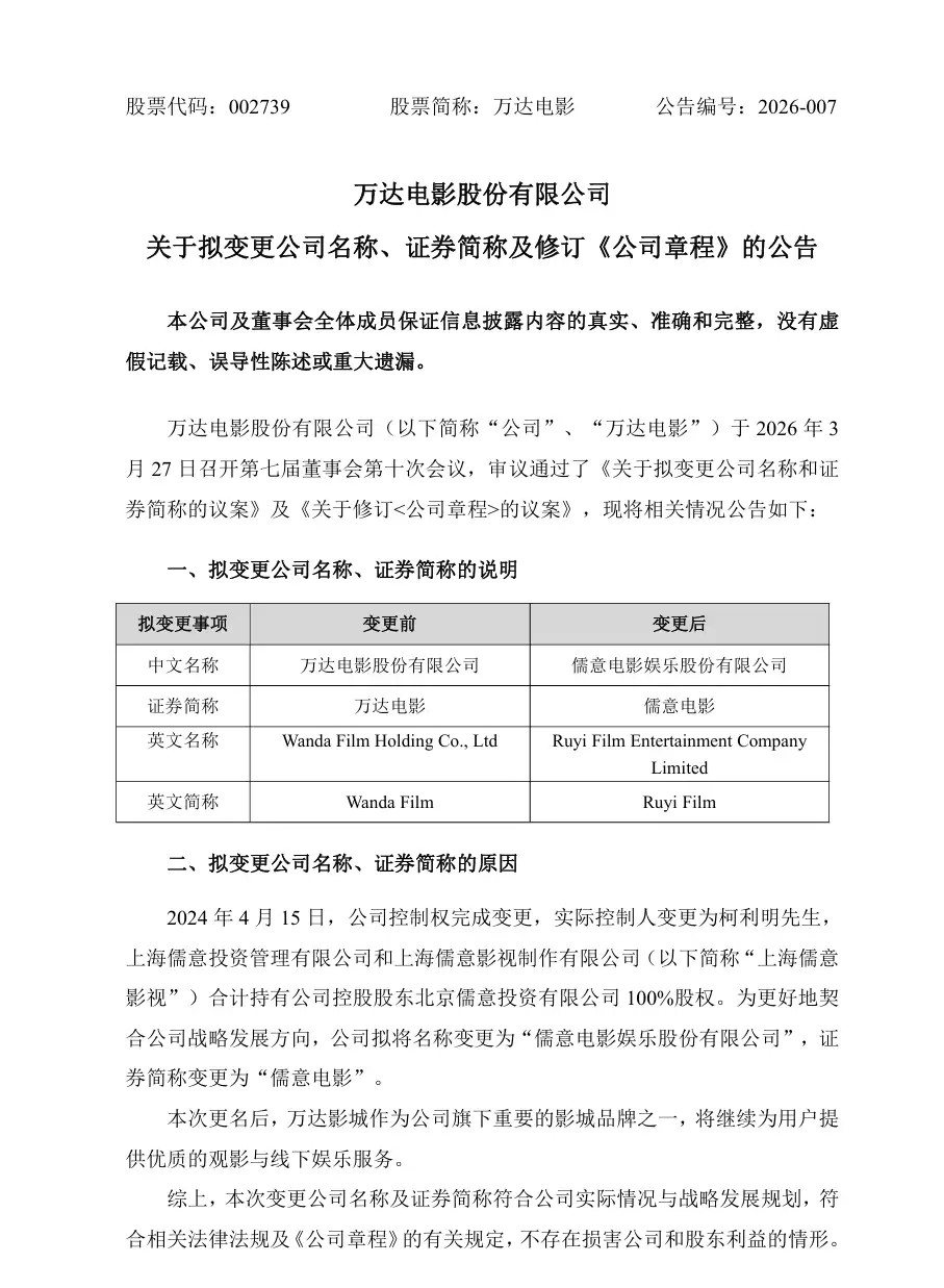 万达电影拟更名为“儒意电影娱乐股份有限公司”，契合战略发展方向