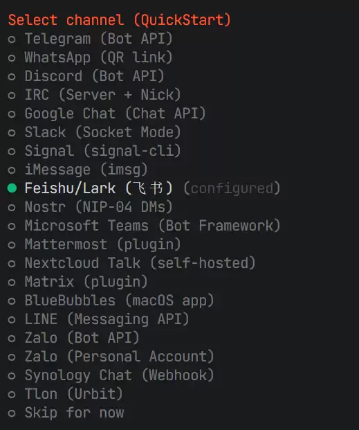 聊天渠道选择界面，展示Feishu等选项