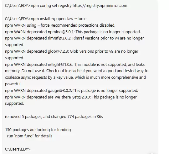 切换国内源后成功安装OpenClaw