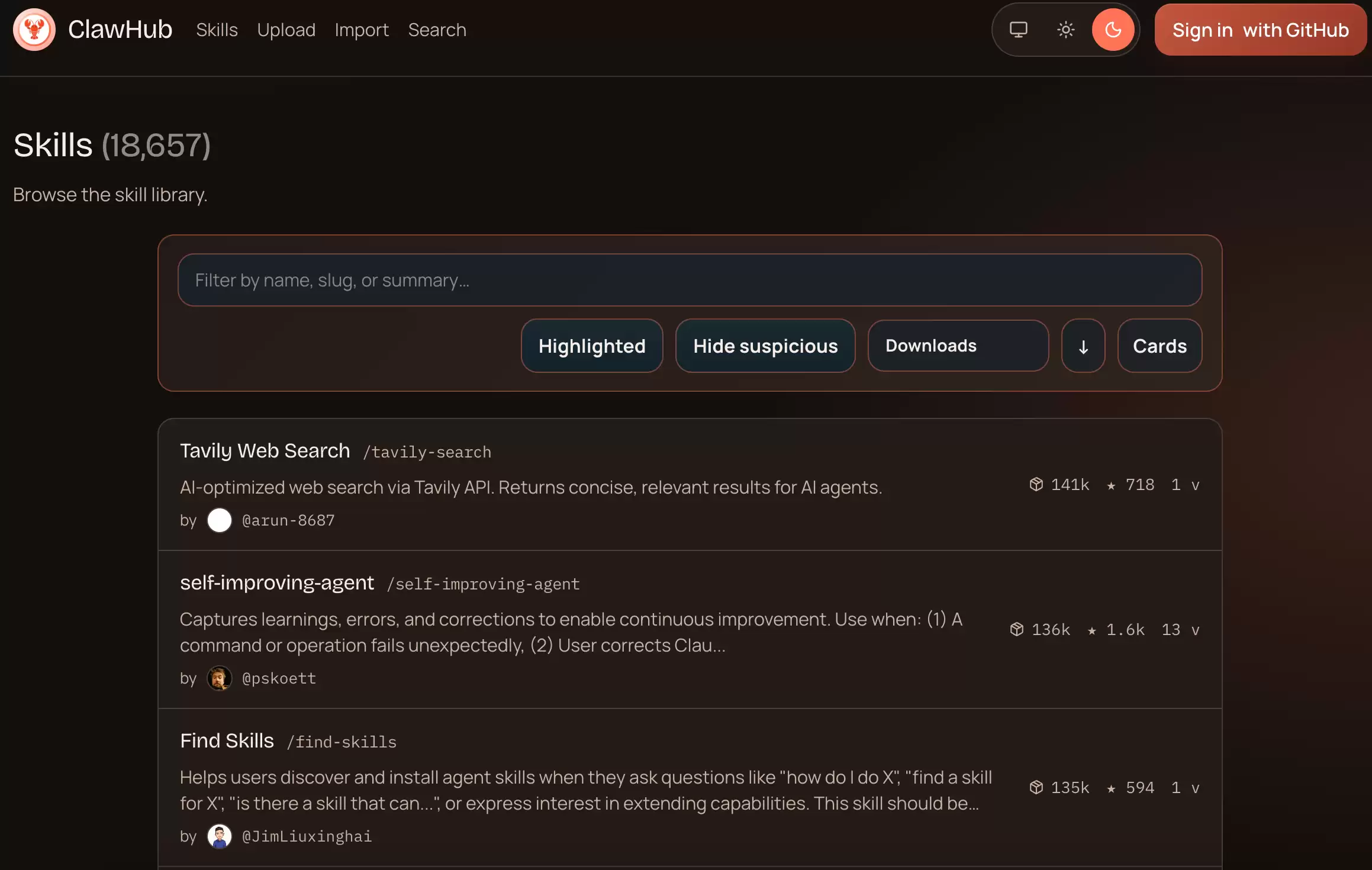 clawhub.ai网站首页截图，展示Skills商店