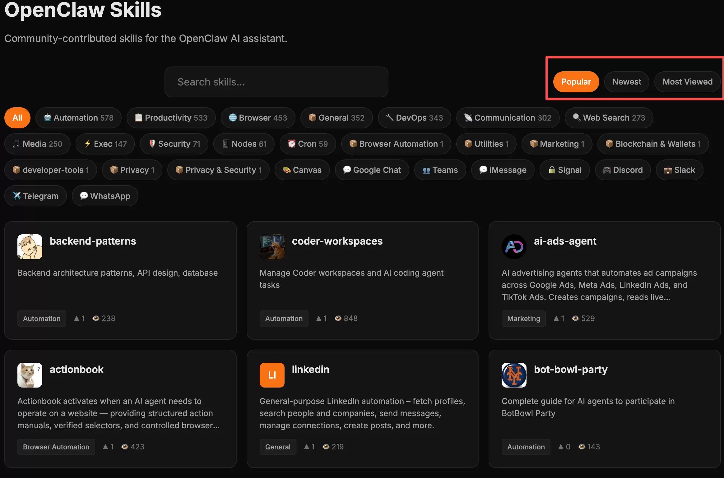 openclawdir网站Skills分类页面截图