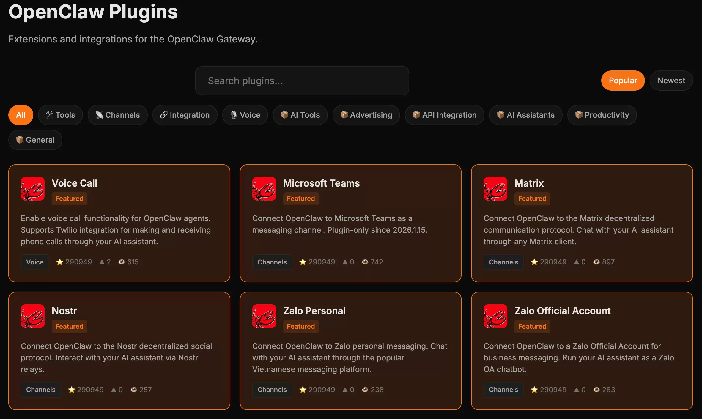 openclawdir网站Plugins分类页面截图