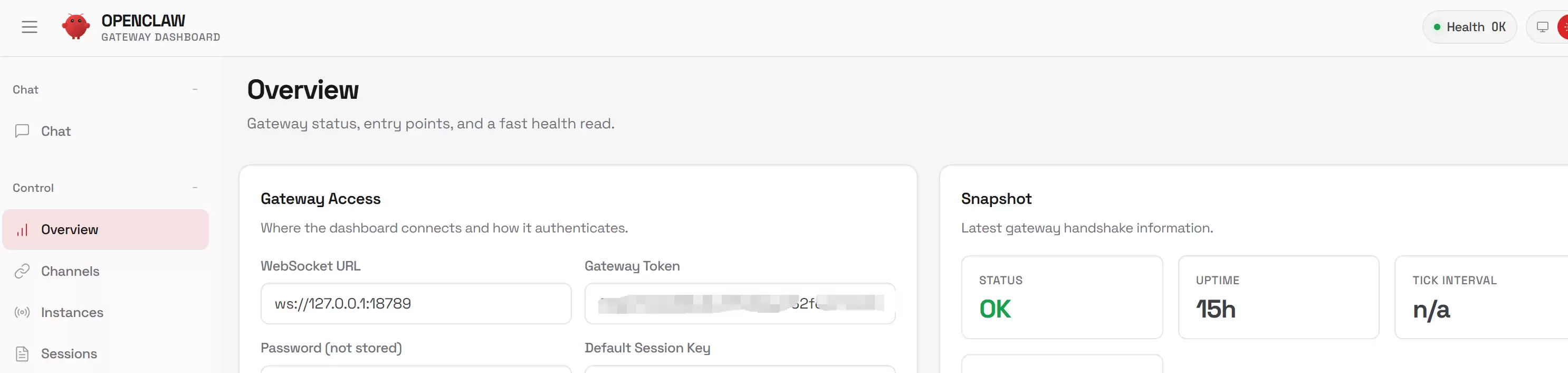 OpenClaw网页管理界面截图，显示状态已更新为成功连接
