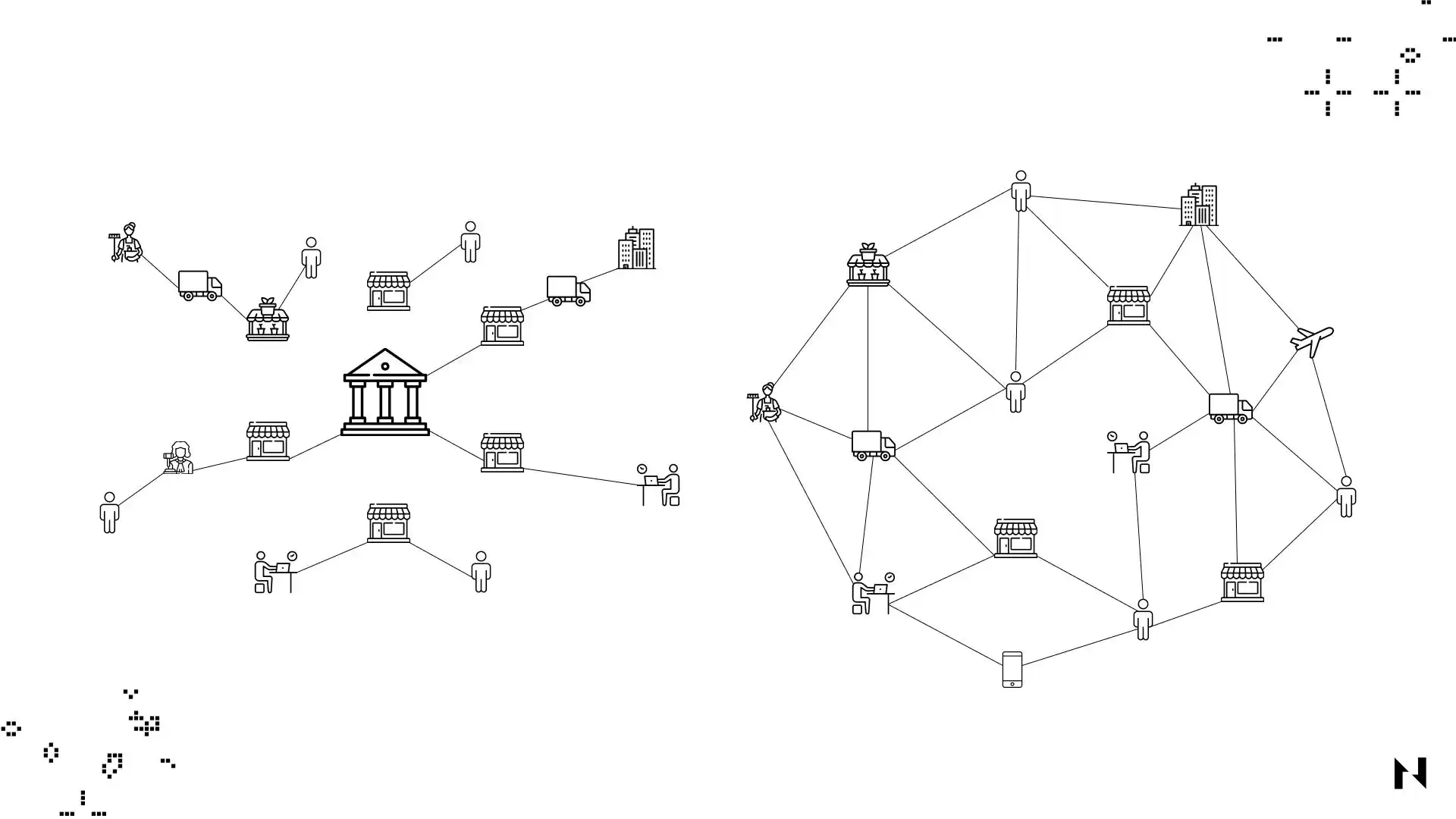 区块链去中心化与中心化网络结构对比示意图
