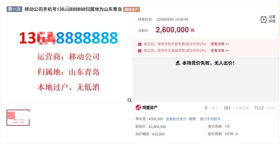 尾号 7 个 8 手机靓号流拍:起拍价 260 万元,18 元月租套餐